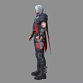 Man With White Hair In Red And Black Tactical Outfit Leather Cape And Combat Boots