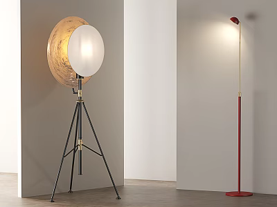Modern Floor Lamps With Tripod Base Round Shade And Red Pole Illuminated Design 3d model