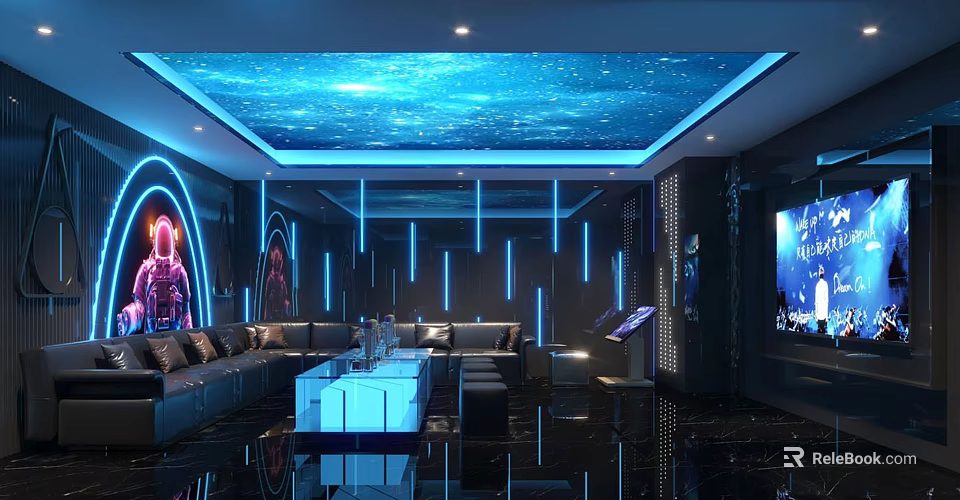 Stylish KTV Interior Design With Starry Sky Ceiling Blue LED Lighting And Comfortable Sofa 3d model