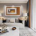Modern Living and Dining Room Interior with Chandelier TV Wall White Sofa and Striped Rug