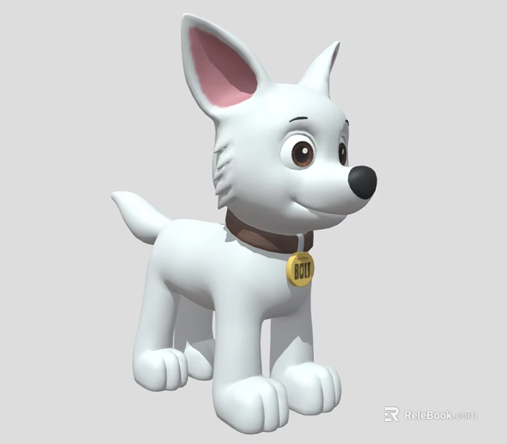 Cartoon White Dog with Brown Collar Yellow Tag Big Ears Round Eyes and Friendly Expression 3d model 
