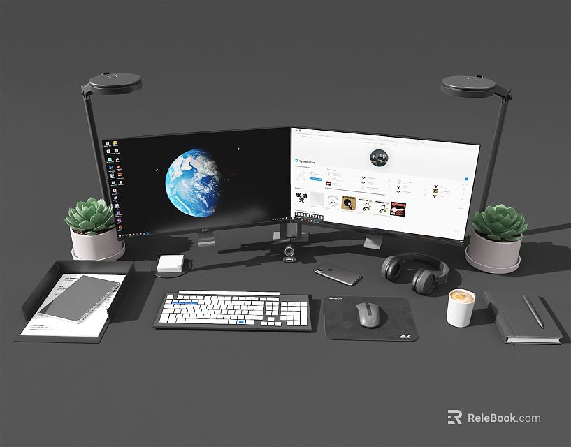 Dual Monitor Computer Workstation Setup With Keyboard Mouse Headphones And Potted Plants 3d model 