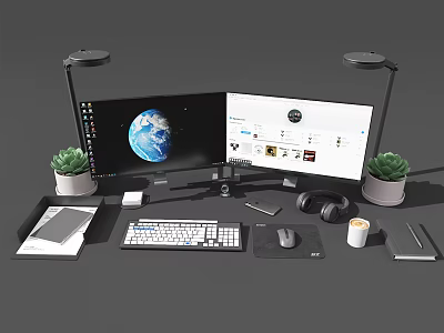 Dual Monitor Computer Workstation Setup With Keyboard Mouse Headphones And Potted Plants 3d model