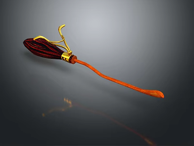 Red Decorative Object With Golden Accents And Long Handle On Gray Background 3d model