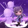 Chibi Game Character With Purple Hair Twin Tails Holding Weapon And Transparent Shadow Figures