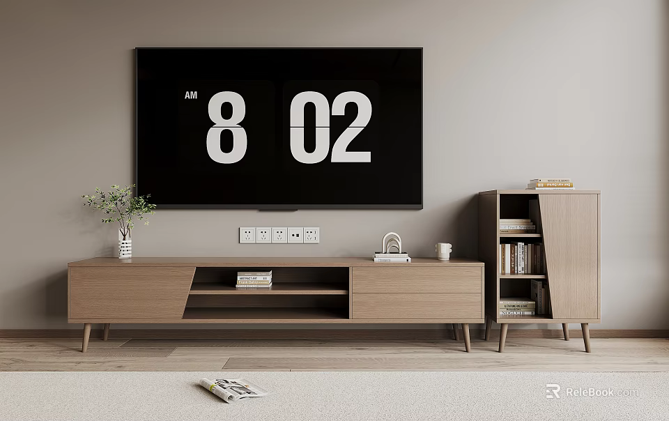 Modern Light Wood TV Stand With Wall Mounted TV Bookshelf And Potted Plant 3d model 