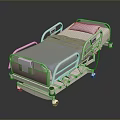 Adjustable Medical Bed With Blue Mattress Side Rails And Light Pink Frame On Wheels