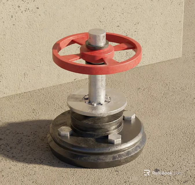 Industrial Valve Featuring Red Wheel Silver Stem And Metal Base On Gray Floor 3d model 
