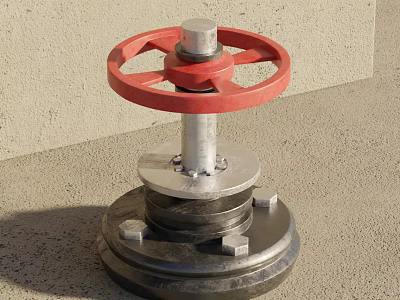 Industrial Valve Featuring Red Wheel Silver Stem And Metal Base On Gray Floor 3d model