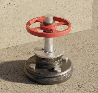 Industrial Valve Featuring Red Wheel Silver Stem And Metal Base On Gray Floor 3d model