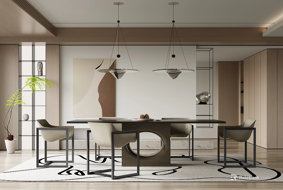 Modern Restaurant Interior With Round Dining Table Pendant Lights And Wall Artwork 3d model