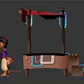 Colorful Street Stall With Red Canopy Hanging Items Blue Cloth Boy And Little Monkey