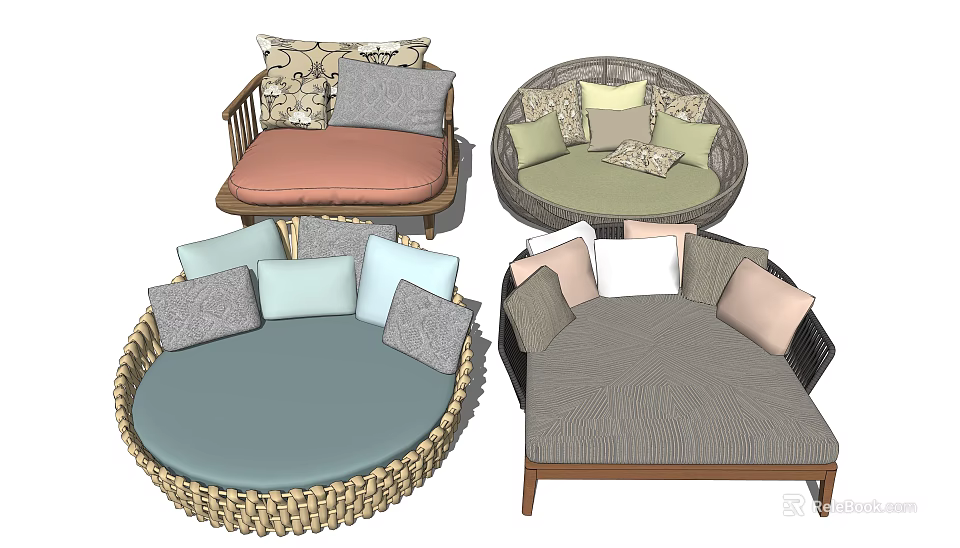 Wicker Outdoor Sofa With Various Colors And Comfortable Cushions In Different Styles 3d model