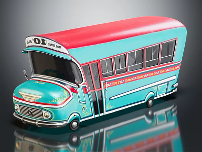 Vintage Turquoise Red Bus Model With Oxford Sign And Decorative Details On Reflective Surface 3d model