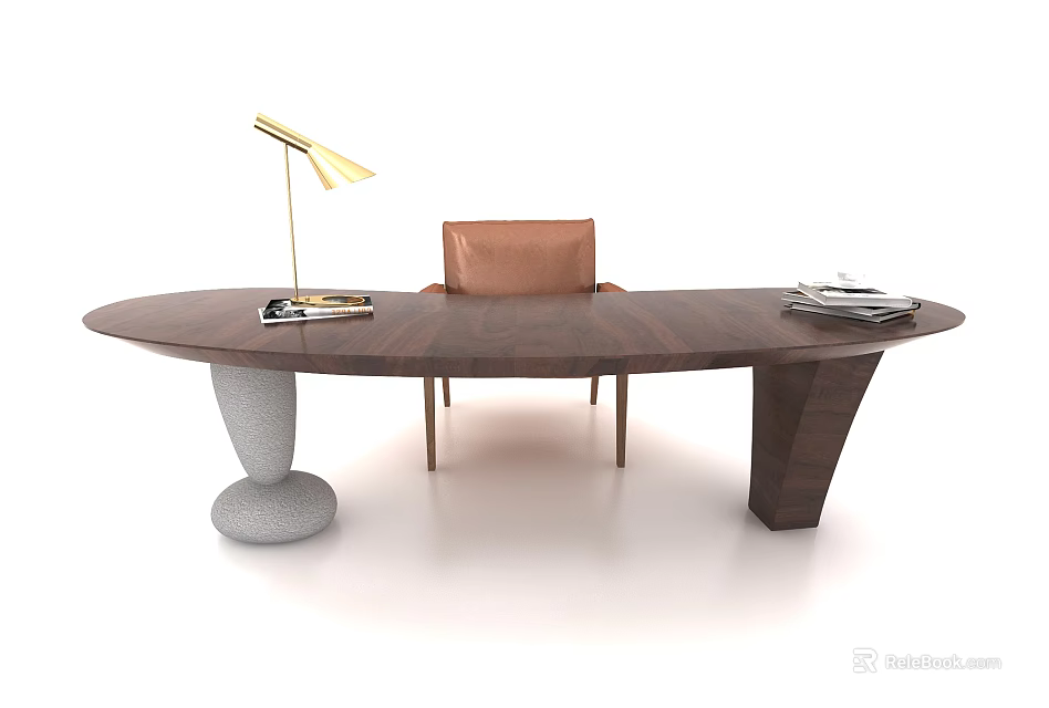 Oval Dark Wooden Desk With Gold Lamp Brown Chair And Unique Leg Design 3d model 