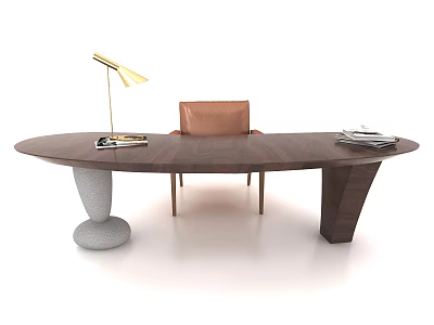 Oval Dark Wooden Desk With Gold Lamp Brown Chair And Unique Leg Design 3d model