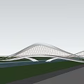 Modern White Curved Bridge Surrounded by Green Trees and Grass 3d model