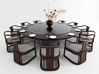 Round Black Dining Table Set with Matching Chairs Decorative Vase Flowers and White Plates 3d model