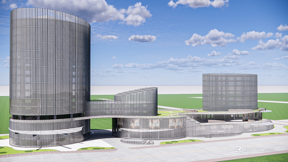 Modern Glass Facade Buildings With Circular Structure Sky Bridge And Green Area 3d model 