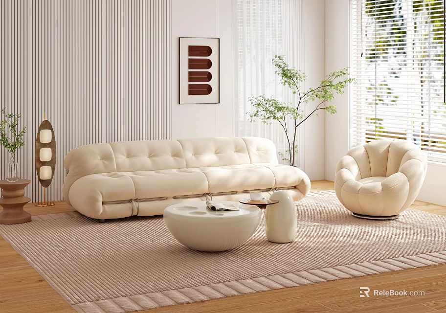 Minimalist Beige Sofa and Coffee Table Set With Round Table Armchair Plant and Wooden Floor 3d model 