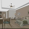 Hotel Guest Room Interior Design With Comfortable Bed Sofa Ceiling Fan Desk And Decorative Art
