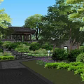 Lush Garden Landscape With Trees Shrubs Stone Pathway And Modern Building Background