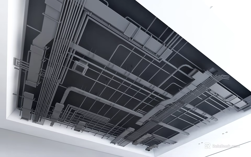 Industrial Exposed Ceiling Design With Metal Frames And Pipeline Structures 3d model 