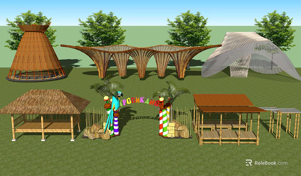 Wooden Landscape Pavilion With Arched Design Surrounded By Trees And Green Lawn 3d model 