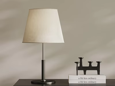 Modern Table Lamp With Metal Base And Fabric Shade Near Black Candlestick And Books 3d model