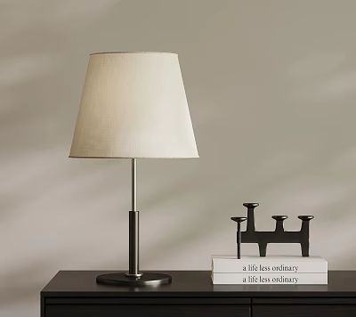 Modern Table Lamp With Metal Base And Fabric Shade Near Black Candlestick And Books 3d model