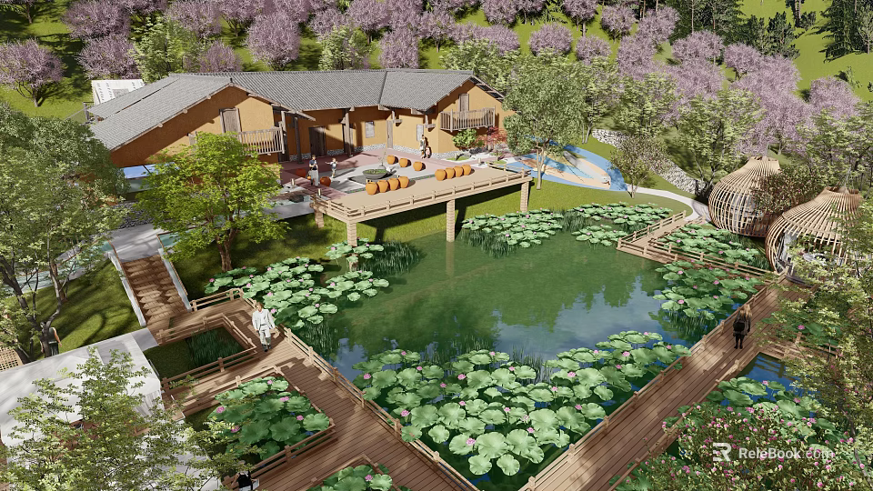 Traditional Rural Self Built House With Natural Pond Lotus Leaves And Cherry Blossom Trees 3d model 