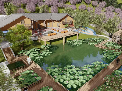 Traditional Rural Self Built House With Natural Pond Lotus Leaves And Cherry Blossom Trees 3d model