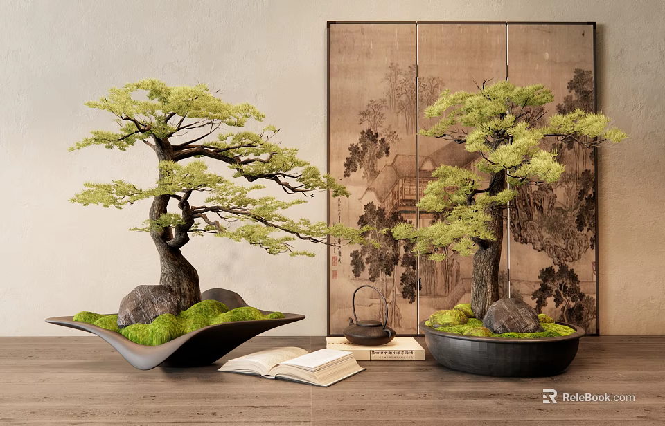 Traditional Bonsai Trees Display On Wooden Table With Open Book And Decorative Object 3d model 