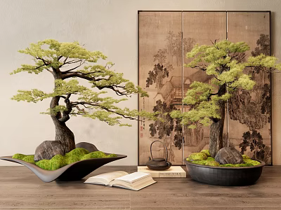 Traditional Bonsai Trees Display On Wooden Table With Open Book And Decorative Object 3d model