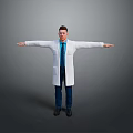 Man In White Lab Coat With Blue Shirt And Tie Arms Outstretched On Gray Background