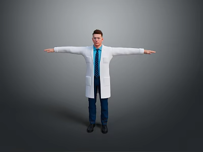 Man In White Lab Coat With Blue Shirt And Tie Arms Outstretched On Gray Background 3d model