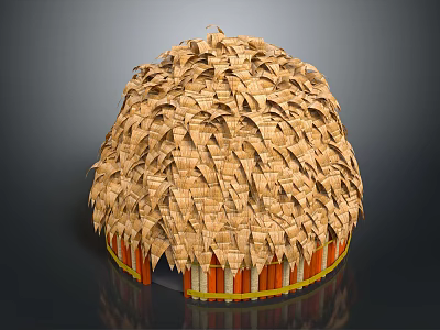 Cartoon Scene Featuring Round Hut With Thatched Roof and Orange White Striped Base 3d model