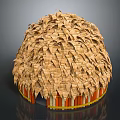 Cartoon Scene Featuring Round Hut With Thatched Roof and Orange White Striped Base
