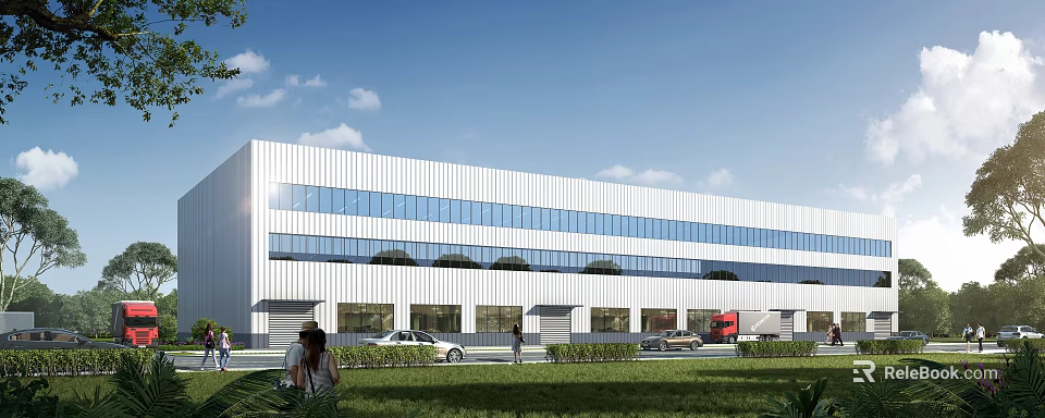 Modern Industrial Factory Building With Large Glass Windows White Walls Lawn And People Nearby Vehicles 3d model 