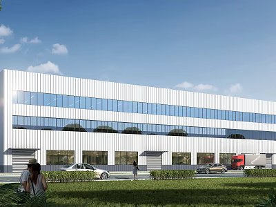 Modern Industrial Factory Building With Large Glass Windows White Walls Lawn And People Nearby Vehicles 3d model