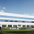 Modern Industrial Factory Building With Large Glass Windows White Walls Lawn And People Nearby Vehicles