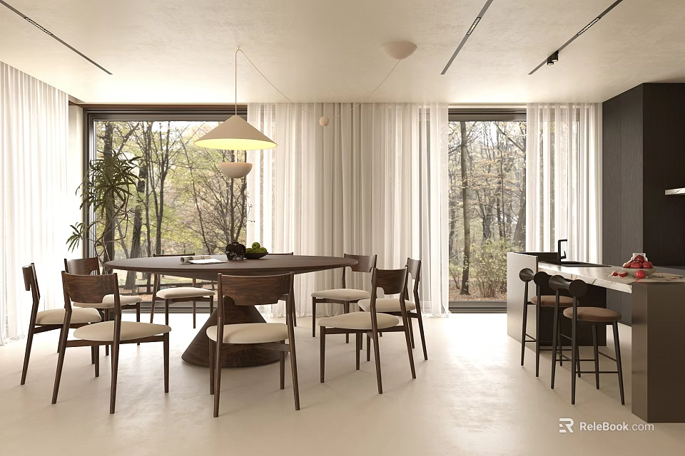 Modern Restaurant Interior Featuring Dining Table Chairs Hanging Lamp Large Windows Trees And Bar Counter 3d model 
