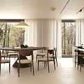 Modern Restaurant Interior Featuring Dining Table Chairs Hanging Lamp Large Windows Trees And Bar Counter