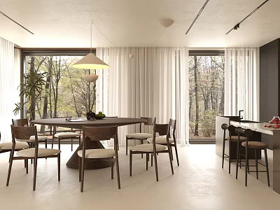 Modern Restaurant Interior Featuring Dining Table Chairs Hanging Lamp Large Windows Trees And Bar Counter 3d model
