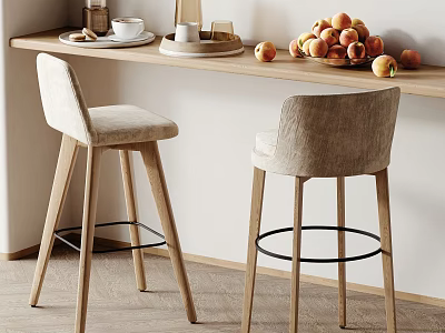 Upholstered Bar Stools With Wooden Legs Black Footrests At Modern Counter With Peaches And Cups 3d model