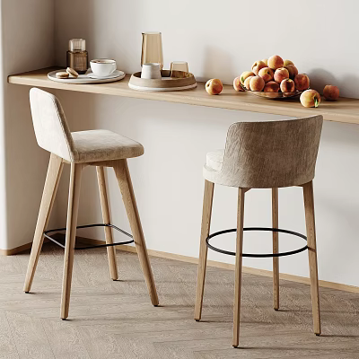 Upholstered Bar Stools With Wooden Legs Black Footrests At Modern Counter With Peaches And Cups 3d model