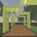 Green Pergola with Arched Structures Wooden Floor and Roof Lights Surrounded by Trees and Lawn