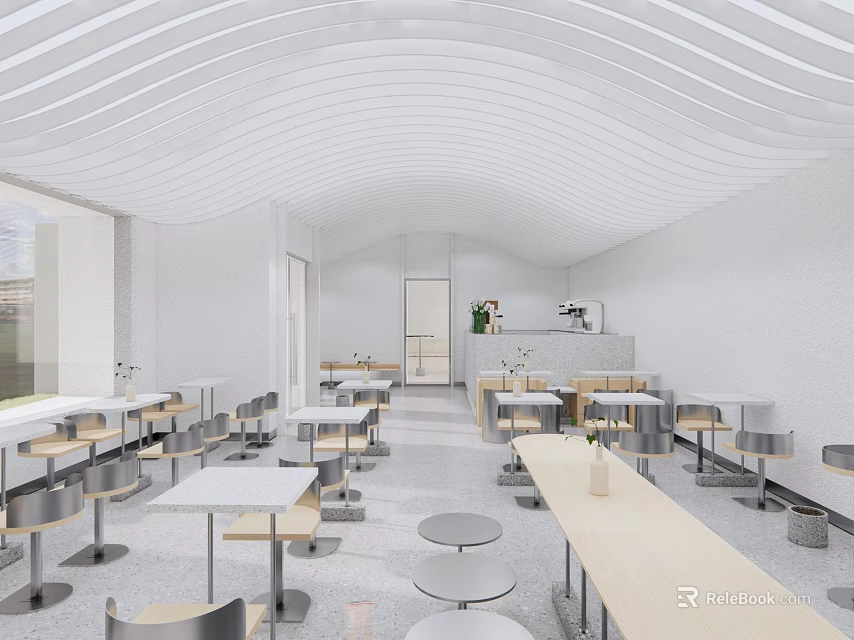 Modern Spacious Cafe Interior With White Curved Ceiling Open Space Tables Chairs And Bar 3d model