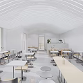 Modern Spacious Cafe Interior With White Curved Ceiling Open Space Tables Chairs And Bar 3d model