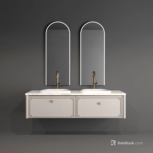 Modern Bathroom Vanity With Double Sinks Arch Mirrors And Marble Countertop 3d model 